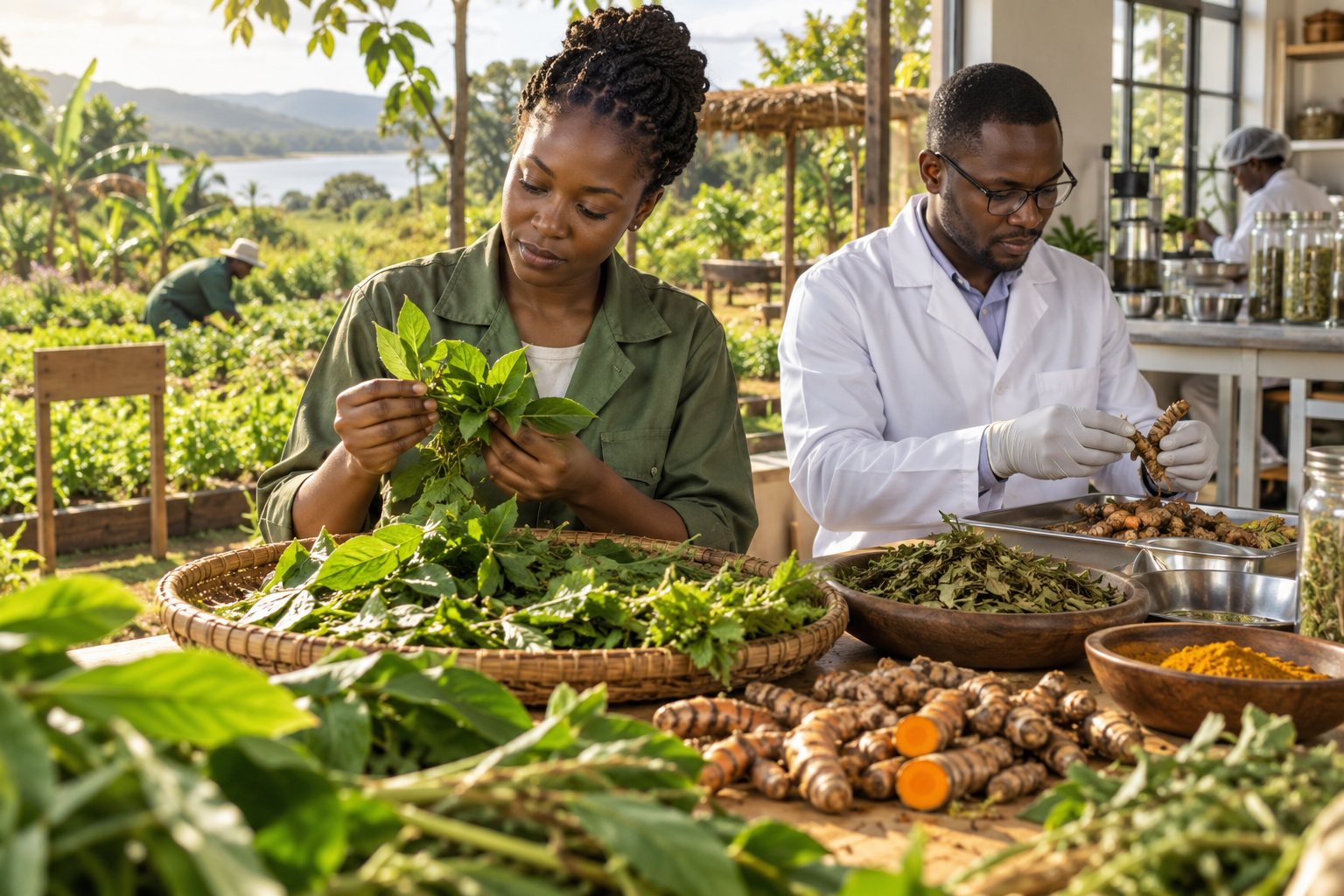 Agronome et technicien congolais contrôlant des plantes médicinales de la culture à la transformation